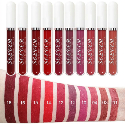 10-Piece Matte Waterproof Lip Gloss Set – Bold Color, All-Day Stay